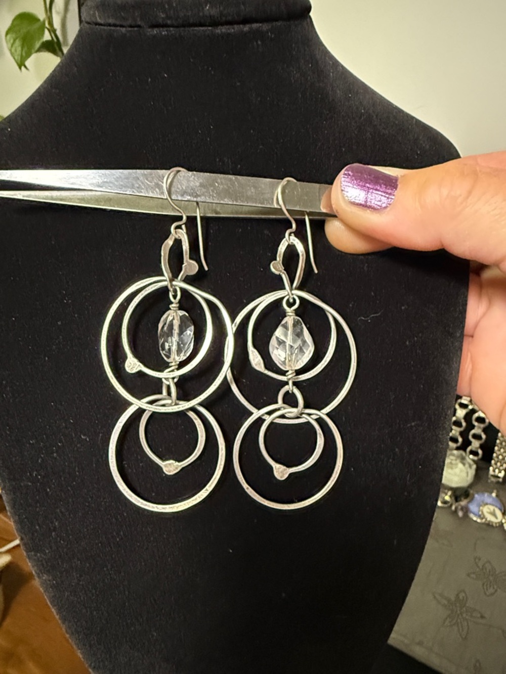 Sterling Silver-Triple Hoop Drop Earrings with Clear Quartz Crystal Accent